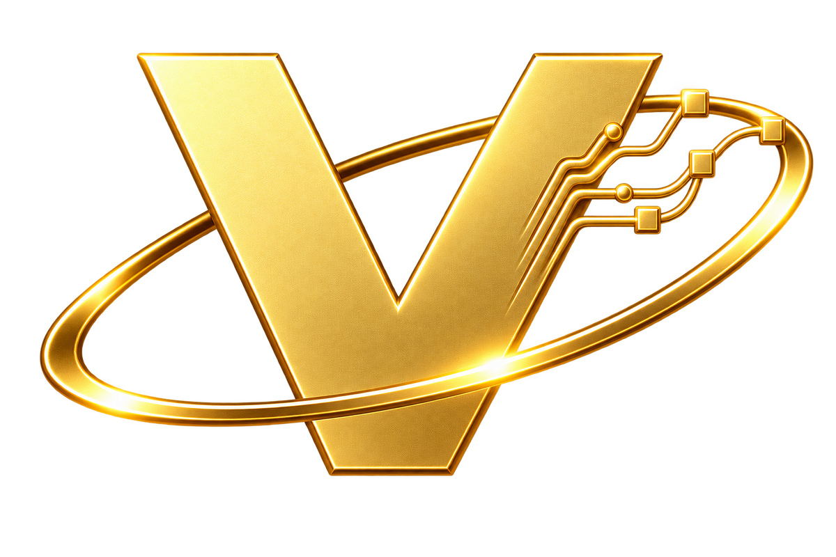 Het gouden VXNMARK-beeldmerk met datalijnen en ring